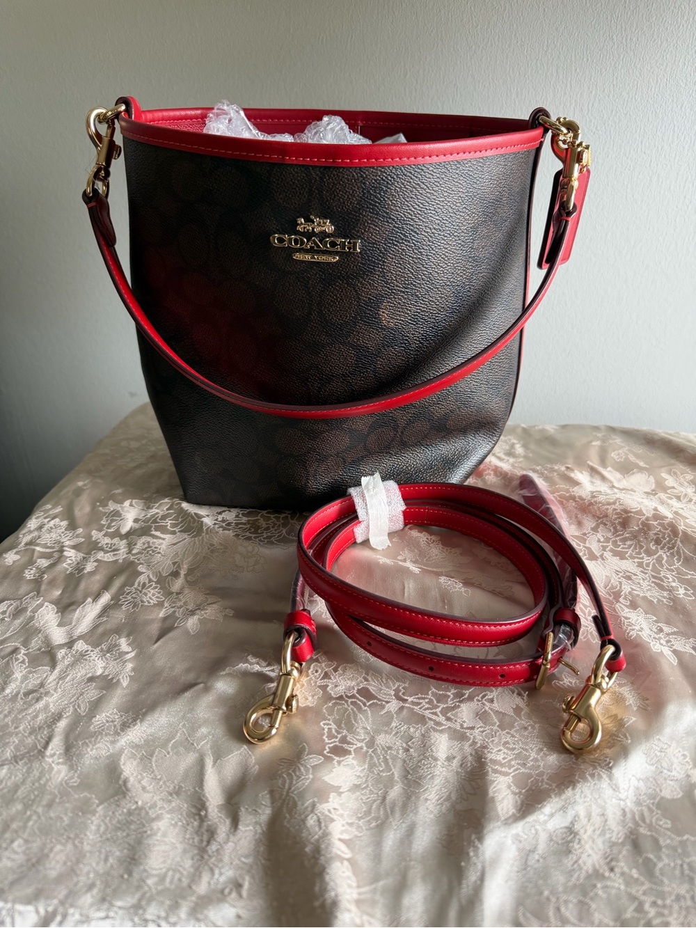Coach City Bucket Bag in Signature. Walnut/Bold Red Brown Trim and Gold Hardware